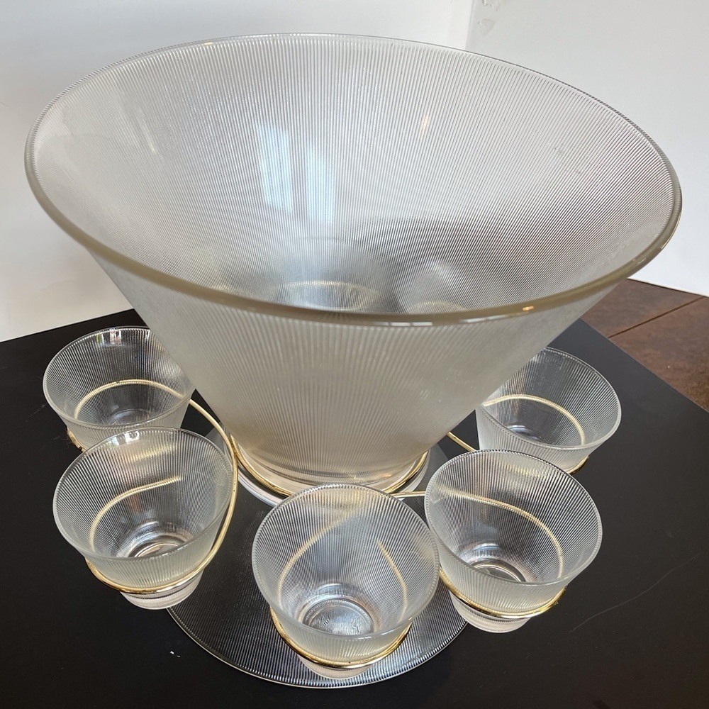 Rare Federal Glass Norse Fine Ribbed Prismatic Punch and Serving Bowls Cups 1930